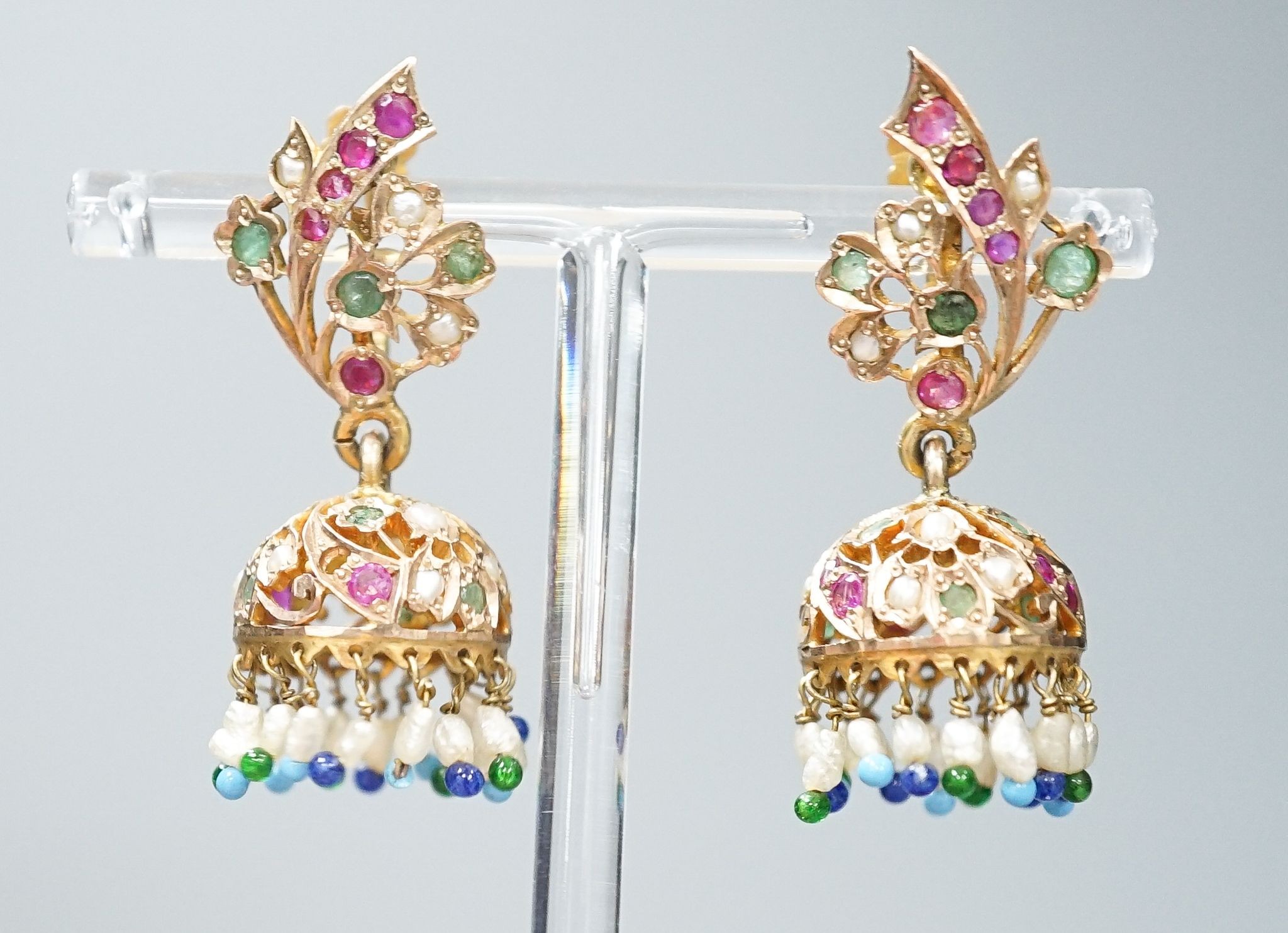 A pair of Indian? yellow metal and multi-gem set drop ear clips, 41mm, gross weight 13.2 grams.